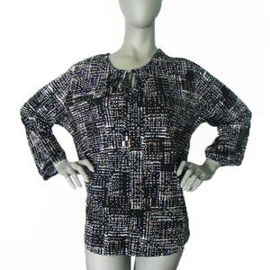 Liz Claiborne Size: XL Black White Abstract Print Blouse Tie Front Silver Tabs